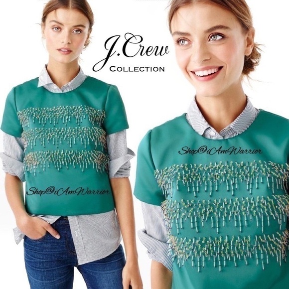 J.Crew Collection NWT *rare* green/teal satin crystal beaded top Shop@iAmWarrior - Picture 1 of 12